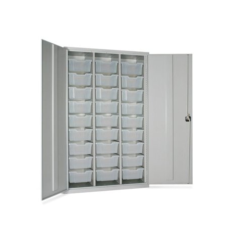 Lockable storage cupboard with trays, 27 trays, 1830x1120x457 mm, clear