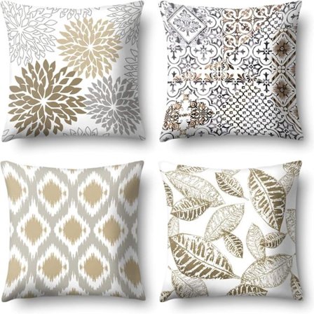 4 stk. Gyldne planteblader geometrisk trykte putetrekk i lin, sofaputetrekk til hjemmedekor 45X45cm (Geometri og blad)