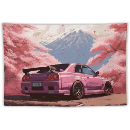 150 x 130 cm Bil Gobelin Veggdekorasjon, Veggkunst for Soverom Stue Hybel Rosa Kirsebærblomster Tre Gobeliner Mount Fuji