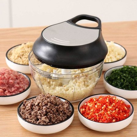 Mini matprosessor, løk- og grønnsakshakker med 3 buede rustfrie stålblad, manuell håndholdt matkutter/kvern/blender, 12,6 * 10 cm, Bl