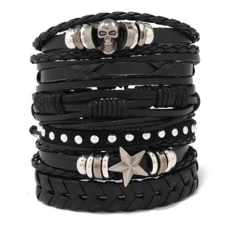 TG Sett med 6 Læderarmbånd Svartbrune Flettede Brede Armbånd Wo