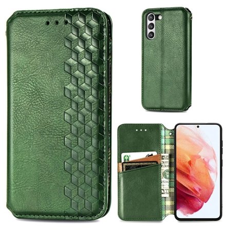 Nahkakotelo With A Stylish Rhombus Imprint For Samsung Galaxy S21 FE - Vihreä