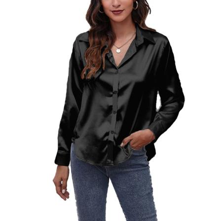 Satin Silke Langærmet Knap Skjorte Arbejdsskjorte Top