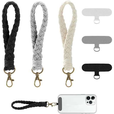 Telefon håndledsrem, 3-pak med fastgørelsesfaner, boheme stil, bomuld, hvid, grå, sort [BR]