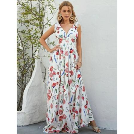 Fransk litterär retro rosett ärmlös lång klänning med V-ringad XXL