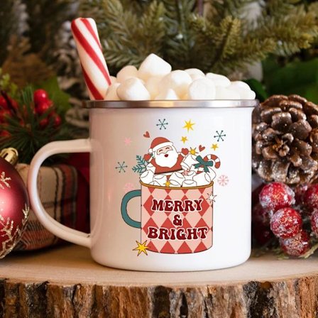 Merry & Bright Christmas Print Enamel Mug Xmas Coffee Mugs Christmas Party Beer Juice Drink Tea Cups Xmas Holiday Gift Cup