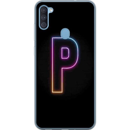 Kompatibel Mobilcover til Samsung Samsung Galaxy A11 Minimalistisk neonbogstav P i farvegradient og lyseffekt mod sort baggrund i digital neonstil