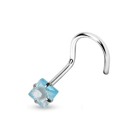 1Skruvbar näspiercing i 316L stål med 3mm fyrkantig Aquamarin CZ