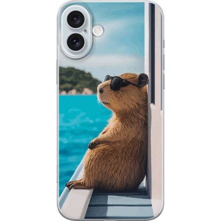 Kompatibelt Mobildeksel til Apple Apple iPhone 16 Plus Avslappet kapibara med solbriller ved sjøen, morsomt og humoristisk motiv som sprer glede og f