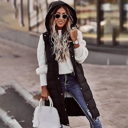 Dame Vinterjakke med Hætte, Ensfarvet, Lynlås, Mellem Lang, Polstret, Ærmeløs, Lommer