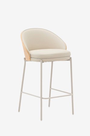 Kave Home - Eamy skammel i beige kunstlæder, naturfarvet askefinér og beige metal 65 cm - Beige - Barstole & -taburetter - Fra Homeroom