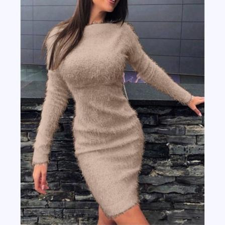 Damklänning Bodycon Fuskpäls Långärmad Plysch Slim Fit Varm