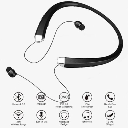 Opgraderede trådløse nakkebåndshøretelefoner med indtrækkelige ørepropper