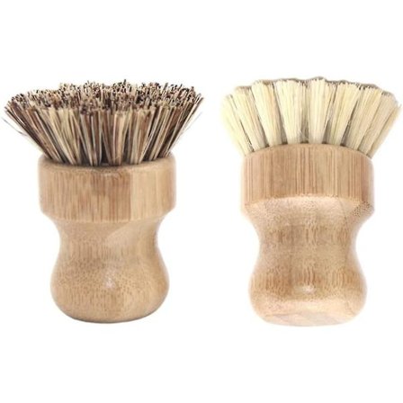 Bambuborste i trä, köksborste-set, hushållsrund rengöringsborste för grytor (2-pack, träfärg)