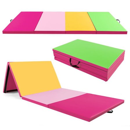 COSTWAY Foldable Gymnastics Mat - 300 x 117 x 5CM med 4 Folds og Håndtag, Skummadras til Træning i PU-Rosa + Grøn