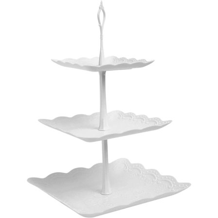 3-lags kageopsats, hvide eftermiddagste-opsatser, firkantede cupcake-frugt-dessert-festserveringsfade i plastik, genanvendelige