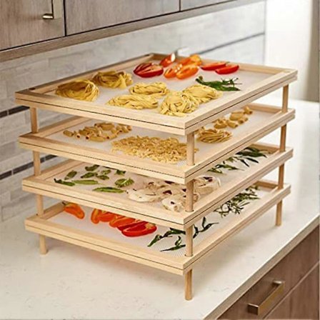 Stabelbar madtørrer med net Træ Pasta Urte Tørrestativer Multipurpose 2-lags Madtørrerholder