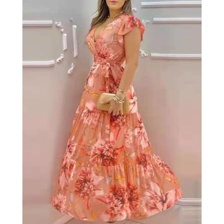 Lång printed v-ringad chiffongklänning Orange L