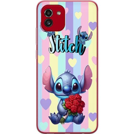 Kompatibel Mobilcover til Samsung Galaxy A03 Romantisk illustration af Stitch der holder røde roser mod stribet baggrund