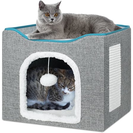 Sammenleggbar Kattehule Seng, Kattekubehus med 2 Vendbare Puter & Katteball, 41 x 41 x 35 cm, Grå