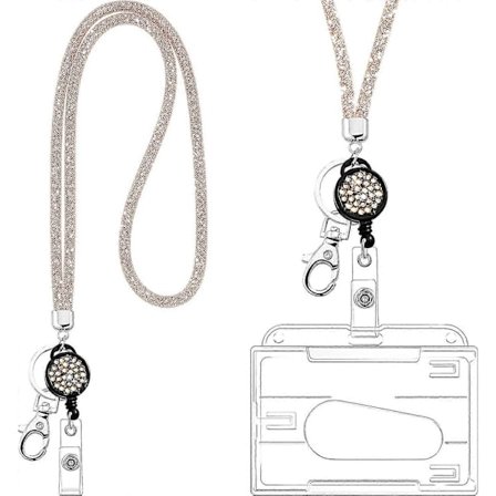 Kortholder med snor, krystall snor halskjede med gjennomsiktig ID-kortholder nøkkelring, bling rhinestone krystall snor klare merkeholdere for nakke
