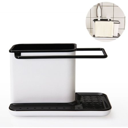 Kjøkkenredskapslagring Svampstativ Organizer for Vask Oppbevaring Organizer Kjøkkenredskapsholder for Vask Svart