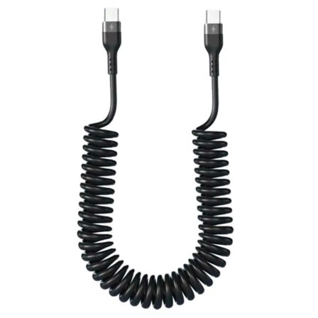 USB-C Spiralkabel med Strømforsyning PD 66W 1,5m Sort