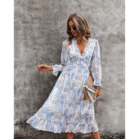 Kvinners Casual Floral Print Lang Ermet Flytende Swing Boho Kjole-M