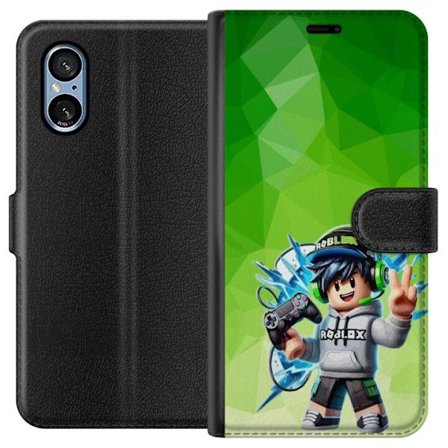 Kompatibelt Lommeboketui til Sony Xperia 5 V Roblox-inspirert gamerfigur med headset, håndkontroll og energiske effekter mot grønn bakgrunn
