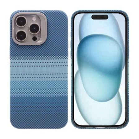 iPhone 15 Pro Max Skal med Magsafe och Utfällbart Stativ - Randig Blå