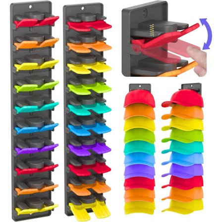 Hattorganisatör för basebollkepsar 2-pack med inbyggda fjäderklämmor - Väggmonterad hattställ för garderob, justerbar förvaring för dörr/garderob