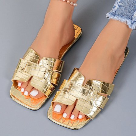 Kultaiset avokorkoiset litteät Naisten kengät Nahkasandaalit Kylpyhuone Tohvelit Rantakengät Mukavat Slip-On Sandaalit naisille