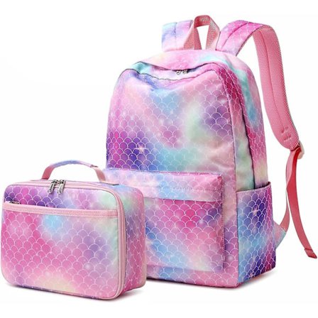 Tyttöjen vapaa-ajan reppu, tyttöjen koululaukku + eristetty lounaslaukku setti kouluun vapaa-ajan matkalaukkuun - merenneito gradienttilaukku 2 in 1
