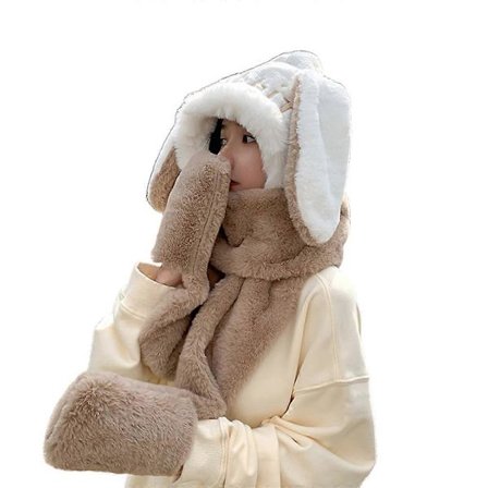 Jentehatt med kaninører, tredelt skjerf-votter i ett - vintertilbehør