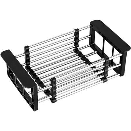 Afløbsbakke, Vaskebakkeafløb, Teleskopisk afløb i rustfrit stål, Bruges til opvask i køkkenvasken, Afdrypning af frugt og grøntsager (Sort)