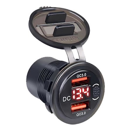 12-24V Kaksois-USB-autolaturipistoke, 4,2A moottoripyörän venelaturi ON/OFF-painikkeella, nopea latausjännitteen näyttö, sininen valoadapteri