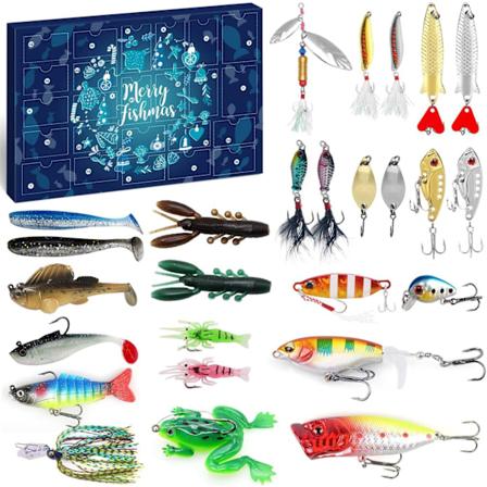 Julefiskeri 2024 Adventskalender - Fiskesadsæt, Fiskeudstyr til Voksne Mænd Drenge, Fisketilbehør (24 stk)