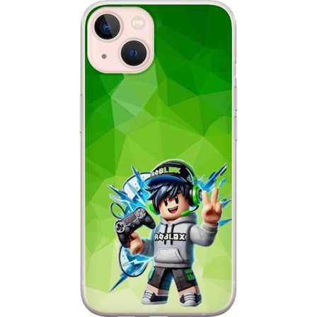 Kompatibelt Mobildeksel til Apple iPhone 13 mini Roblox-inspirert gamerfigur med headset, håndkontroll og energiske effekter mot grønn bakgrunn