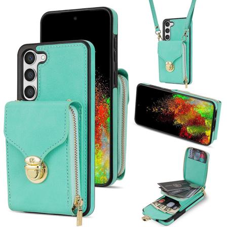 For Samsung Galaxy S24+ deksel i PU-skinn + TPU-støtte med skulderstropp Mint Green