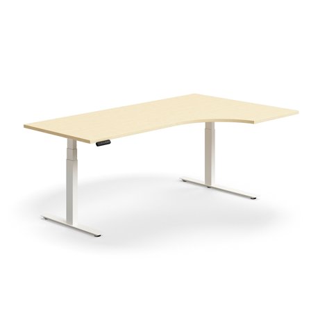 Schreibtisch QBUS höhenverstellbar, ergonomisch, 2000x1200 mm, Gestell weiß, Birke