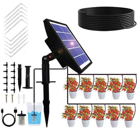Solcelledrevet vanding med timer – Automatisk drypvanding 15m med anti-hævert til have, drivhus og grøntsager
