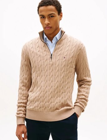 Tommy Hilfiger Classic Cotton Cable Zip Mock - Beige - L