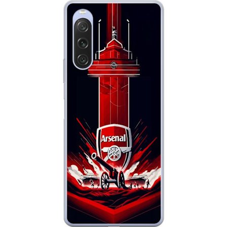 Yhteensopiva Puhelinkuori Sony Xperia 10 V Arsenal-embleemi, jossa tykki ja stadionmotiivi voimakkaassa punaisessa ja valkoisessa urheilusuunnitteluss