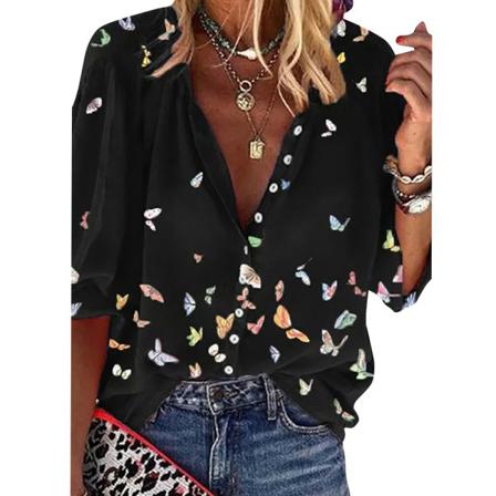 Dam T-shirt Casual Lösa Skjortor Topp Långärmad Butterfly Blo