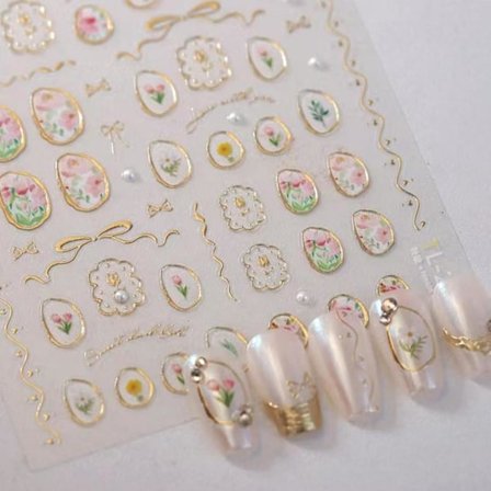 5D Prægede Blomster Neglekunst Klistermærker Tulipan Lim Uregelmæssige Geometriske Rammer Negle Klistermærker Guld Hule Designs Negle Decals 