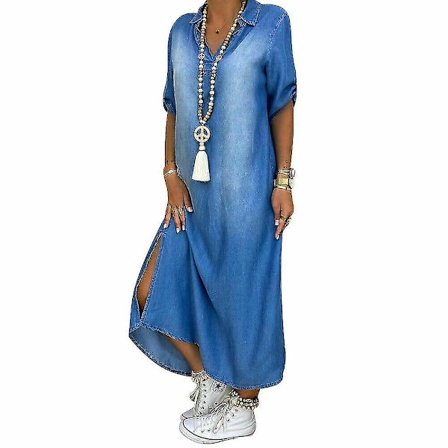 Dam Casual Denim Lång Maxiklänning Dam Sommar Lösa Jeans-1