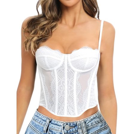 nKee Spetskorsett Toppar för Kvinnor Spets Bustier Korsett Topp med Remmar Kvinnor Korsett Utgående Fest Crop Top Vit Liten