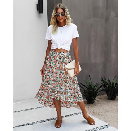 Kvinners høye midje floral midi boho elastisk høye midje skjørt splitt A-linje fl