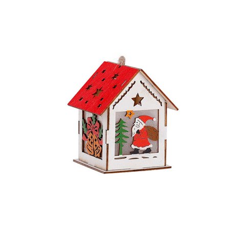 Jul DIY Naturlig Trä Hängande Timmerstuga med Varm LED-Ljusprydnad Jultomten