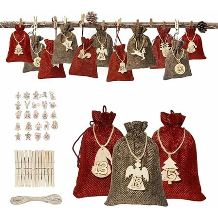 Gjør-det-selv-adventskalender - Julekalender 2023 til å fylle med adventsnummer - Treetikett - Julegave - Tøypose for menn, kvinner, barn